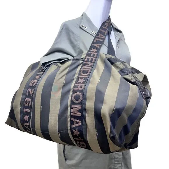 Auth Fendi Logo Weekender Overnight Pequin Stripe Bag Olive Canvas